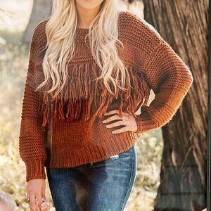 MINKPINK Tan Fringe Knit Chunky Crew Sweater Size Medium